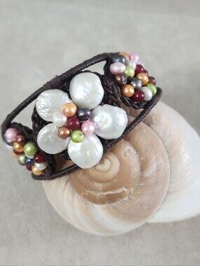 Freshwater Pearl Flower Cuff Bracelet, Multicolor Boho Statement Bracelet